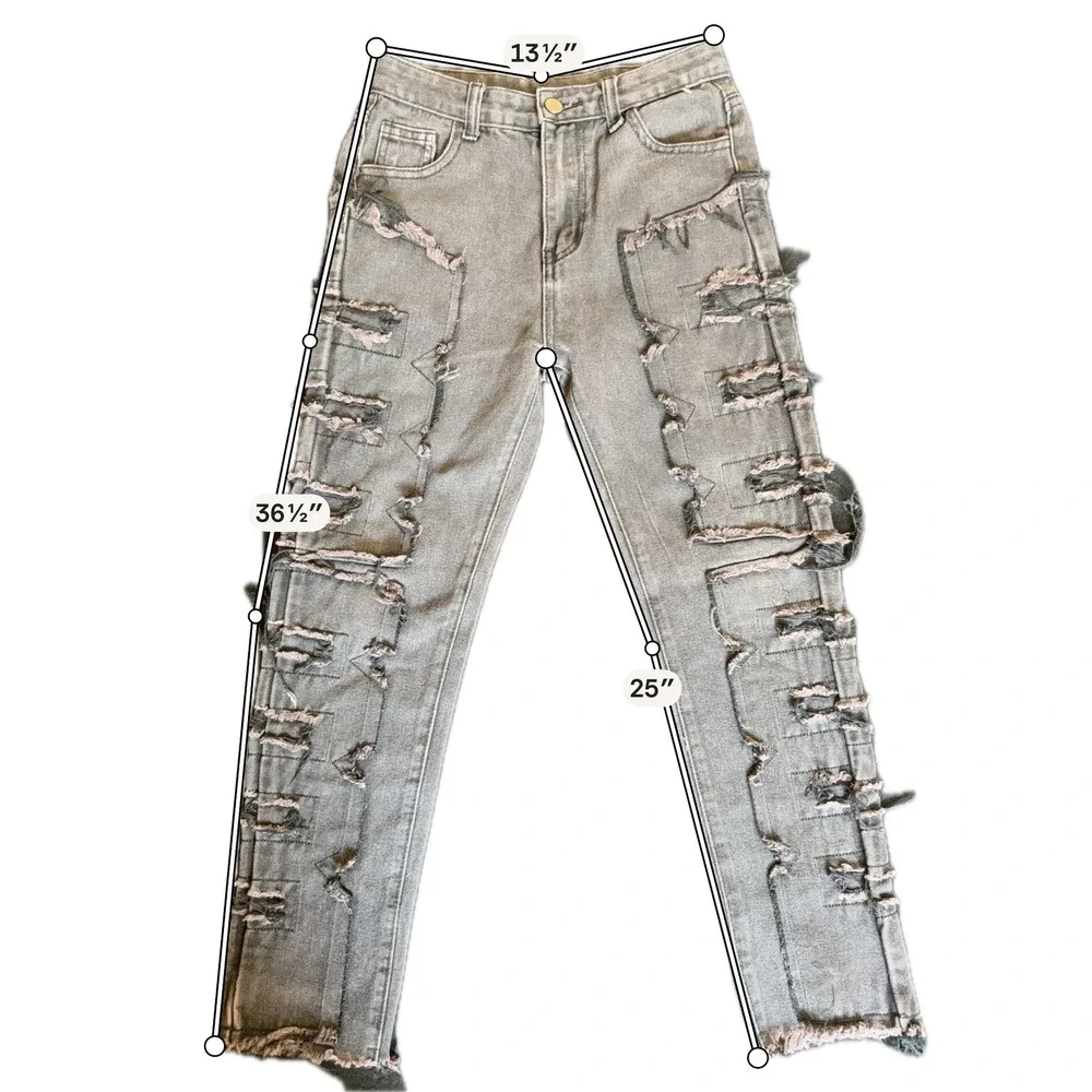 Unbranded‎ Distressed Jeans Youth 12Y Grey/Black Excellent Ripped Patchwork